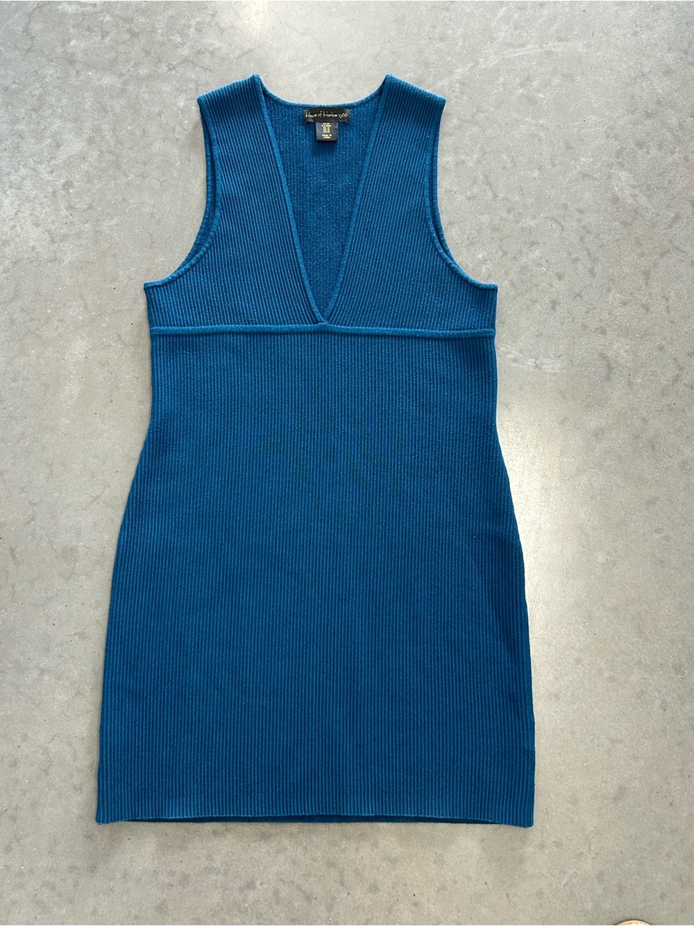House of Harlow 1960 Teal Blue Ribbed V‑Neck Knit Dress